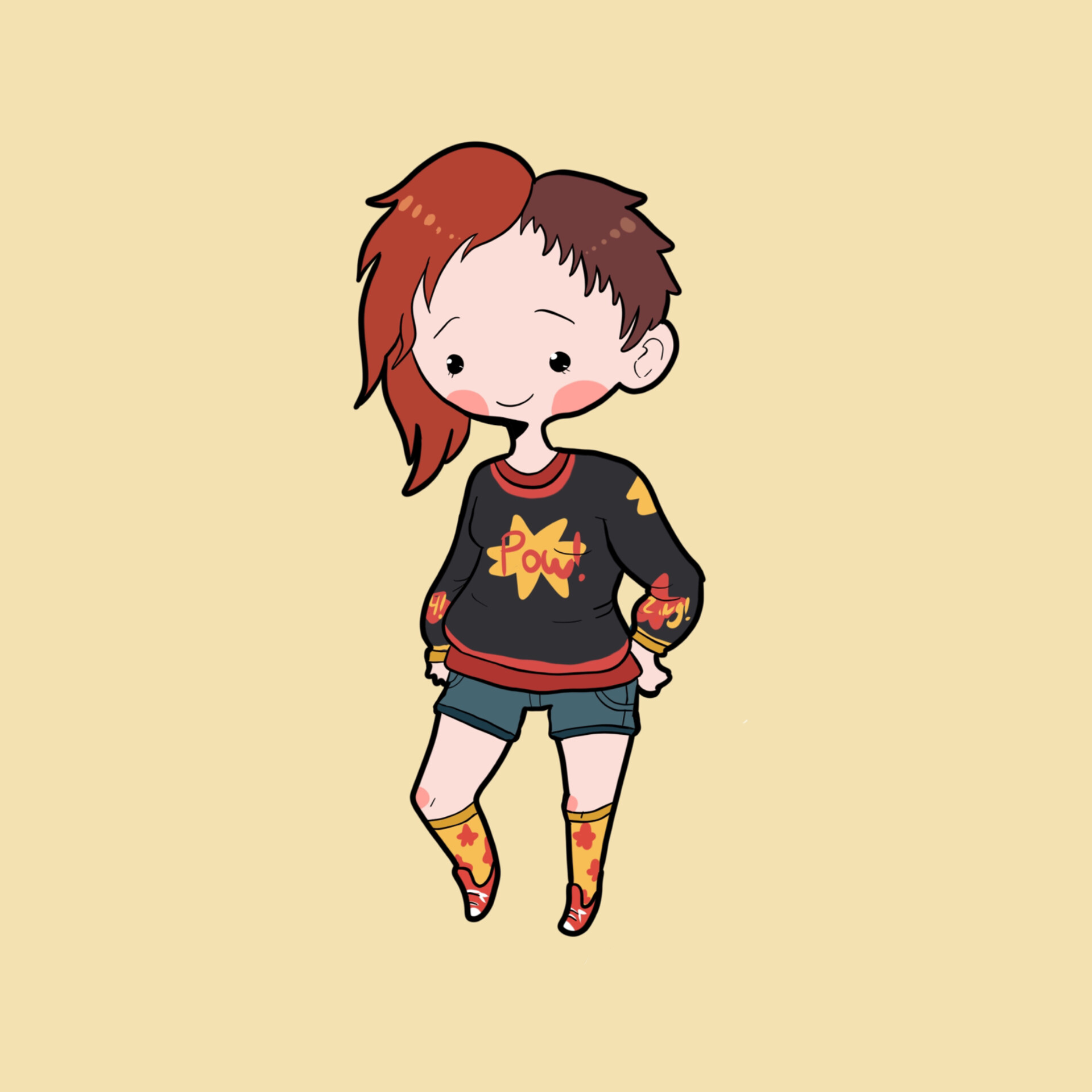 Fullbody of a cartoon character with their hands on their hips. They're smiling.