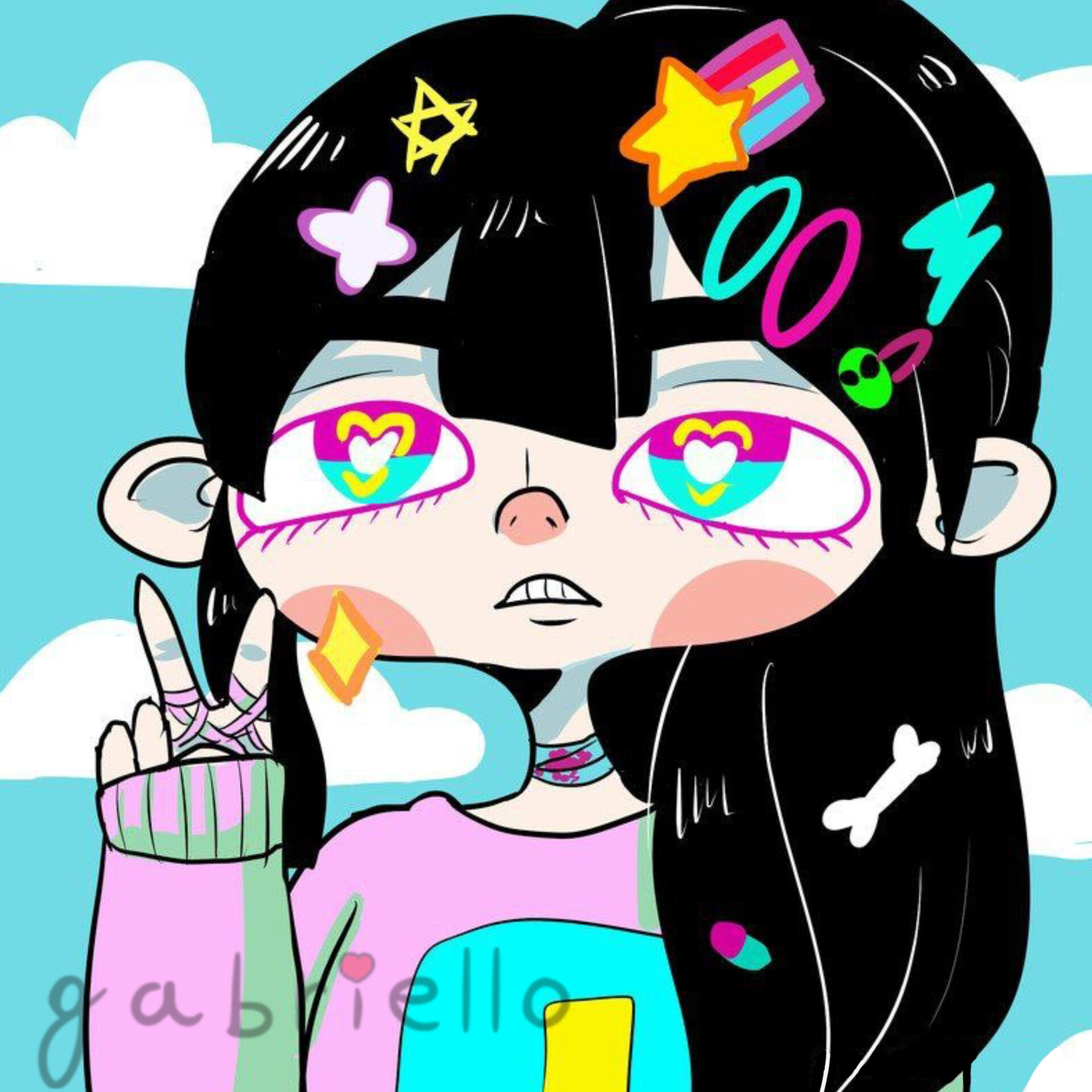 Drawing of a cartoon character with a ponytail doing the V hand-sign